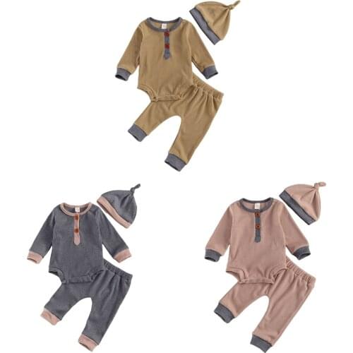 Newborn Baby Boys Girls 3pcs Clothes Infant Long Sleeve Round Neck Button Romper + Elastic Waist Trousers + Hat Toddler Outfits