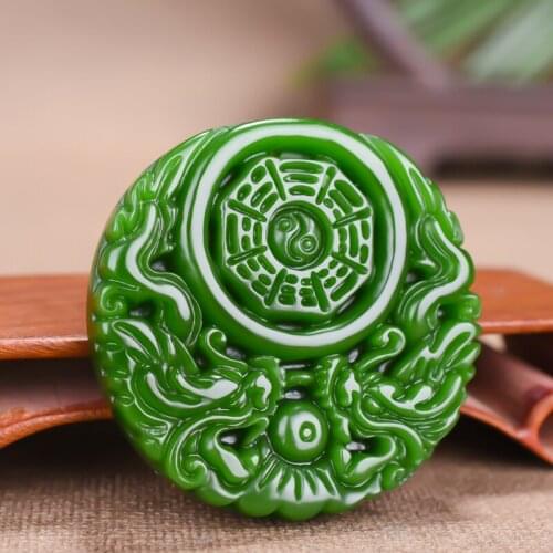 Green Jade Dragon Bagua Pendant Necklace Chinese Hand-Carved Charm Natural Jadeite Jewelry Fashion Amulet for Men Women Gifts