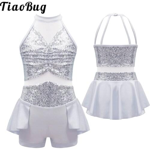 TiaoBug Sequin Halter Ballet Gymnastics Leotard Girls Figure Skating Dress Kids Contemporary Rave Dance Performance Costumes