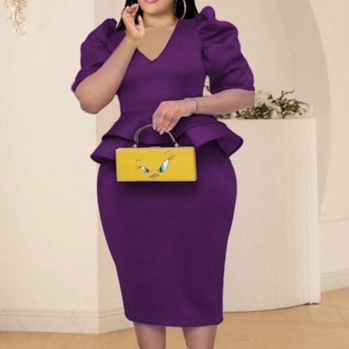 Plus Size Two Piece Sets Purple V Neck Half Puff Sleeve Tunics Tops Elegant Knee Length Skirt Evening Occasion Event Party Suits