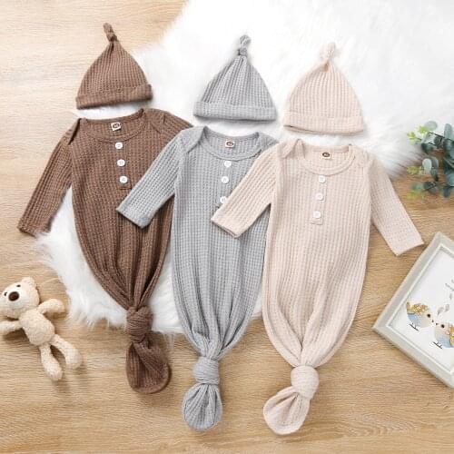 Newborn Baby Girls Boys Sleeping Bag + Hat 2pcs Button Solid Color Long Sleeve Homewear