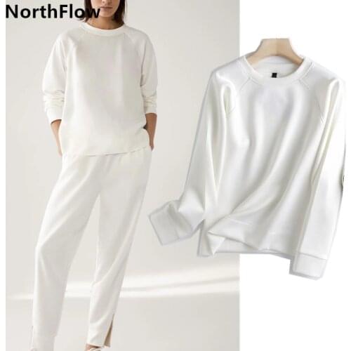 NorthFlow Hoodies Women Solid White Regular O-neck England Style Fashion Sweatshirt Pullovers Tops