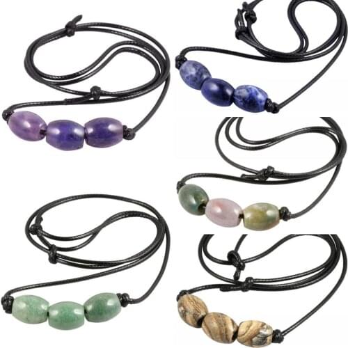 TUMBEELLUWA Oval Bead Charms Pendant Cord Gem stone Necklace Healing Reiki Crystal Jewelry for Women Men