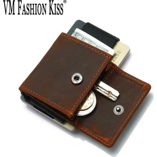 VM FASHION KISS Import Crazy Horse Genuine Leather Elastic nylon Credit Card Wallets Coins Pocket Card Holder Wallet Cardholder