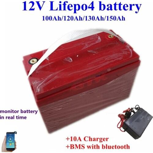 Waterproof 12V 100Ah 120Ah 130Ah 150Ah Lifepo4 batteryBMS with bluetooth for 1200w solar system motor home boat RV+10A charger