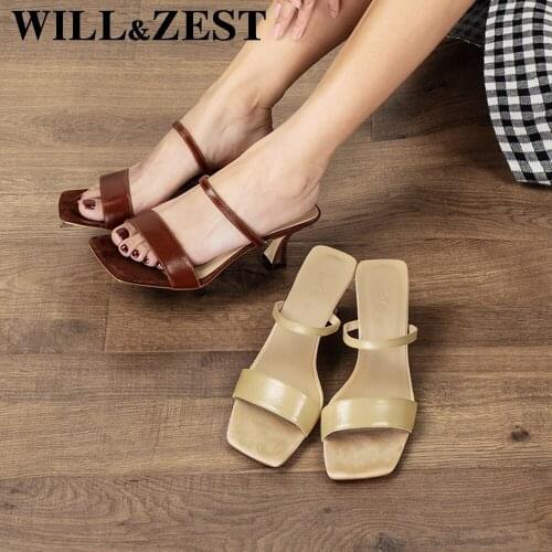 WILL&ZEST Ladies Shoes and Sandals Women Open Toe Slippers Square Peep Toe Heels Fashion Sexy Leather Summer Clogs Slip-on Slide