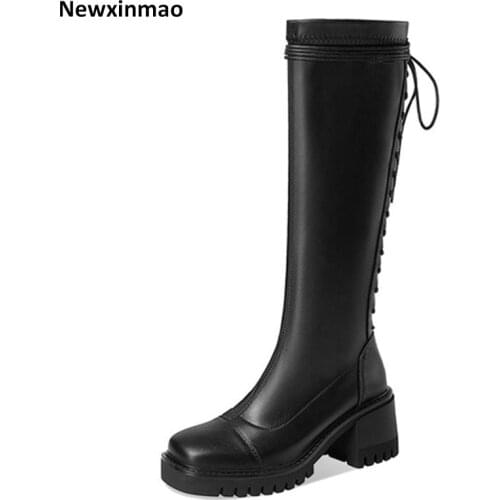 New Flats Platform Female Chunky Heels Party Night Club Shoes Woman Punk Genuine Leather Women Knee High Boots Winter Boots