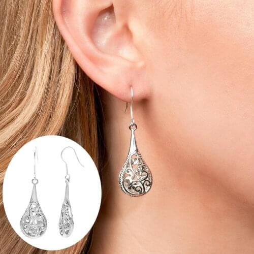 Fashion Water Drop Shape Hollow Flower Pendant Women Party Hook Earrings Jewelry