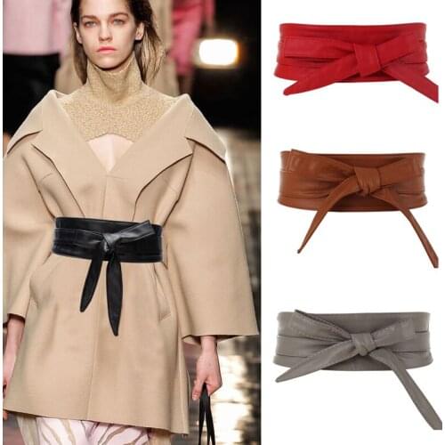 Womens PU Leather Waist Belt Wide Self Tie Wrap Around Obi Waist Band Corset Cinch Belt for Ladies Women Dress Cummerbunds