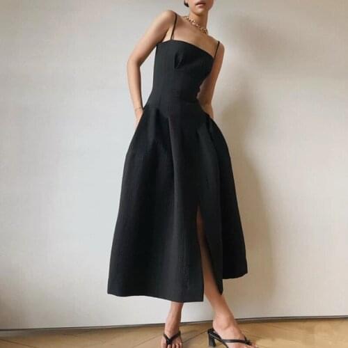 Women Sleeveless Black Strap Summer Dress High Waist Tunic Casual Midi Dress