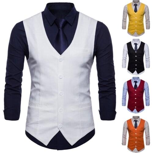 Vest Men 2020 New Fashion Leisure High Quality Pure Color Linen Single Breasted Business Vest Waistcoat Men