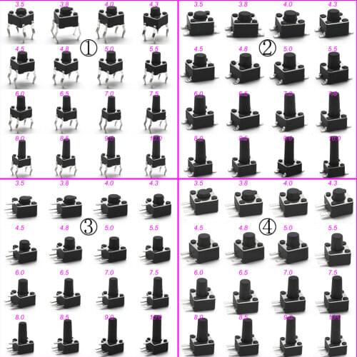 50PCS 4.5X4.5MM H=3.5MM~10MM DIP 12V Micro Button Switch Tact Switch 260GF Momentary Tactical Push Button