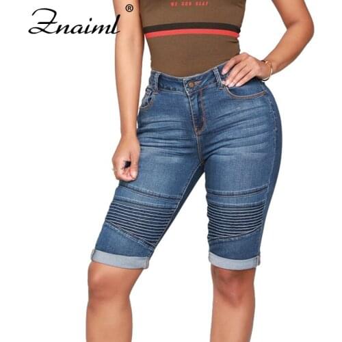 Znaiml Blue Knee Length Jeans Women Skinny Boyfriend Stripe Jean Femme Shorts Summer Ladies High Waist Denim Casual Streetwear