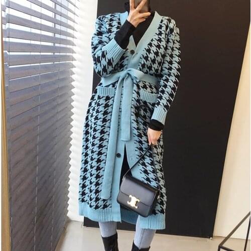 JSXDHK 2020 New Elegant Winter Houndstooth Knitted Long Cardigans Women Single Breasted Plaid Lace Up Sashes Loose Sweater Coat