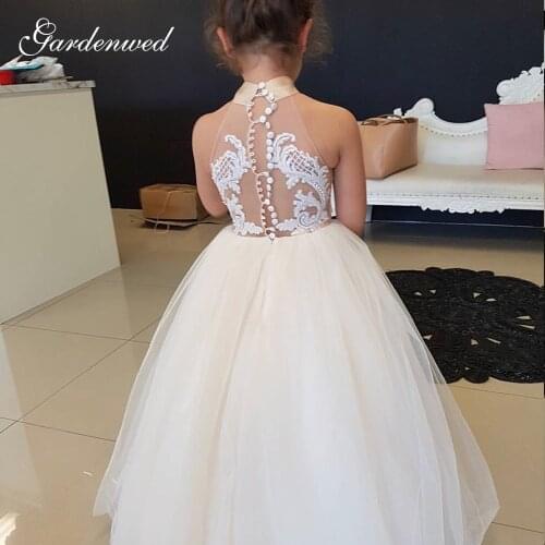 Lace Tulle Flower Girl Dresses Kids Ivory Pearls Appliques Celebrity Dress Backless Halter Girl Prom Dress Baby Girl Dress
