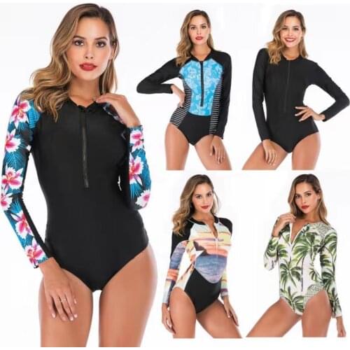 One Piece Swimsuits for Women, Bathing Suits Long Sleeve Printed Zipper Surfing Swimwear 46