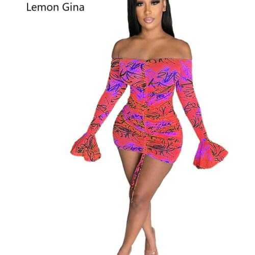 Lemon Gina Fashion Printed Elastic Flare Sleeve Dress