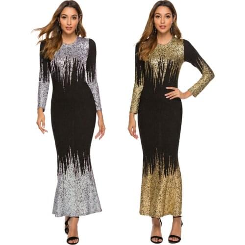 Spring and autumn new hot sale Womens Clothing banquet long dress fashion bronzing printed slim long sleeve round neck Dresses