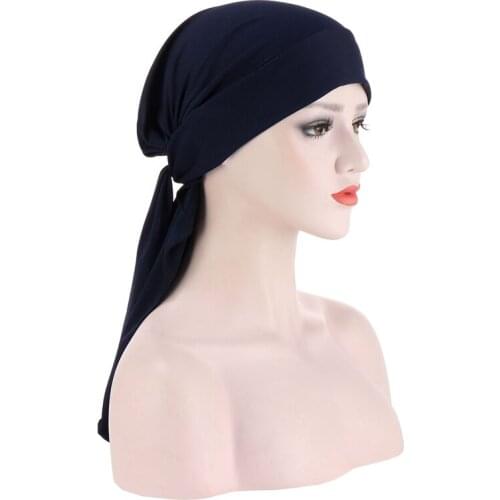 New Women Turban Cap Stretchy Bow-tie Head Scarf Hat Long Tail Wrap Head Bonnet Muslim Inner Hijab Female Turban Scarf