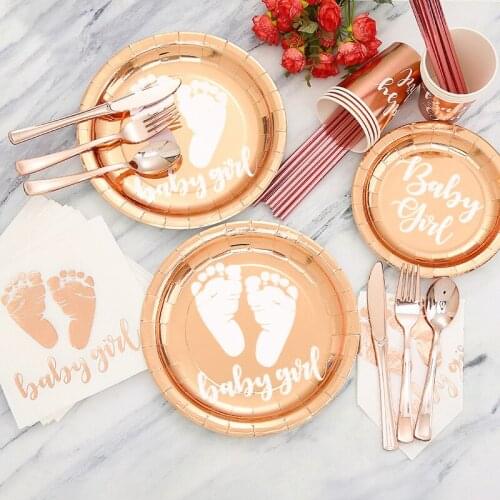 Rose Gold Party Disposable Tableware Kids First Birthday Party Decor rose gold Cup Plate Straws Baby Shower Party Supplies