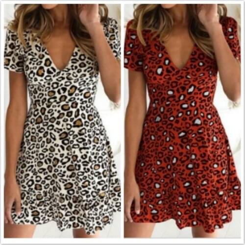 Women Boho Leopard Short Butterfly Sleeve A-Line V Neck Wrap Mini Dress Ladies Summer Holiday Party Sundress