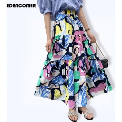 Seaside Skirts Ink Painting Mid-length High-waist A-line Skirt Printed Beach Skirt 2021 Summer New Pirnt Flower Long Skirt