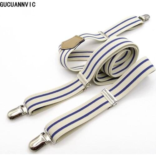 Fresh fashion mens suspenders Creamy white and blue striped elastic force Male and female clasp strap Width 2.5cm DK072