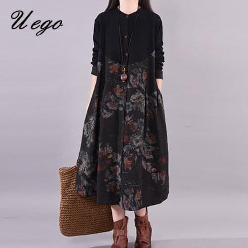 Uego 2021 New Arrival Patchwork Fashion Spring Dress Cotton Print Floral Loose Vintage Dress Plus Size Women Casual Midi Dress