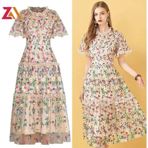 ZALady Fashion Designer Party Dress Summer Women Short sleeve lace Mesh Flower Embroidery Slim Elegant vintage midi-long Dresses