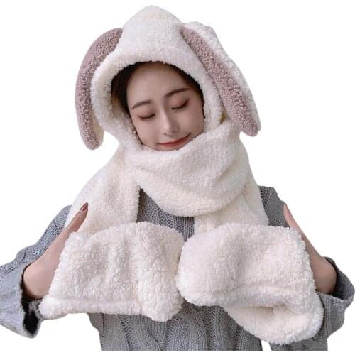 Women Winter Bunny Ear Hat Scarf Female Autumn Warm 3-in-1 Plush Long Ears Hat Scarf Gloves