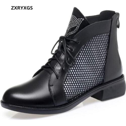 ZXRYXGS Top Cowhide Mesh Breathable Women Sandals 2021 New Round Toe Spring Summer Martin Boots Cool Shoe Fashion Sandals Black
