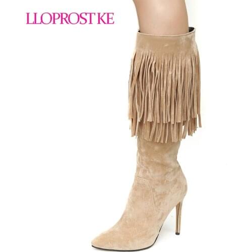 Lloprost ke Size 46 Winter Thin High Heels Women Boots Pointed Toe Flock Footwear Mid Calf Tassel Female Boot Shoes Women D567
