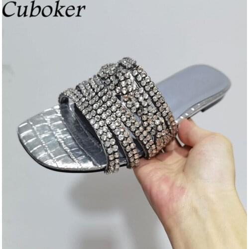 Fashion Brand Square Toe Women Crystal Slippers Bling Bling Rhinestone Decor Flat With Ladies Slides Summer Runway Women Shoes