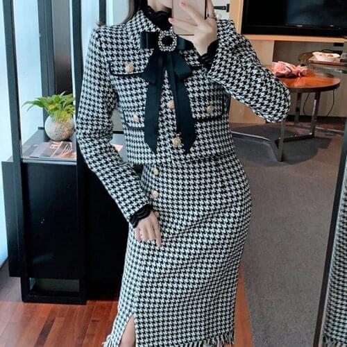 ZAWFL Autumn Winter Wool Suits Women 2 Piece Set Beading Big Bowknot Tweed Short Jacket Coat + High Waist Mini Pocket Skirt Set