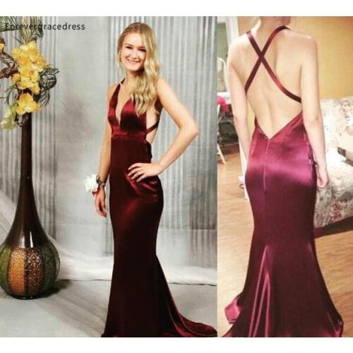 Simple Satin Burgundy Long Evening Dress Deep V Neck Criss Cross Backless Formal Wear Party Gown Custom Made Plus Size