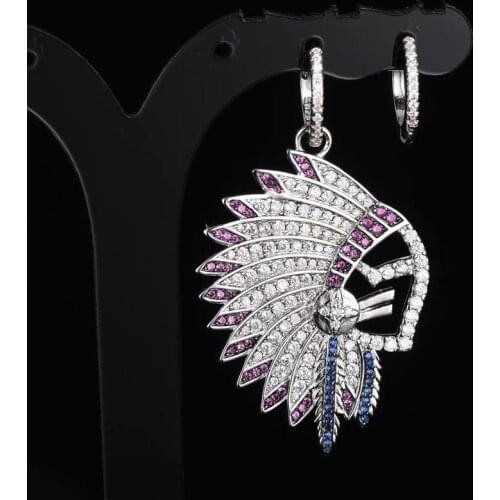 925 Sterling Silver Asymmetric Retro Indian Chief Feather Earrings Fashion Zirconia Stones Earrings For Women Gift