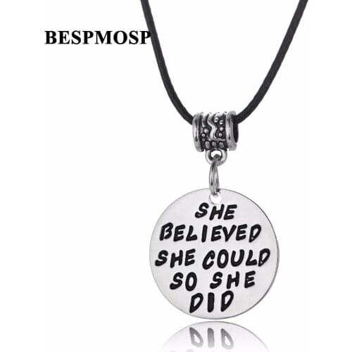Bespmosp 24PC/Lot Wholesale She Believed She Could So She Did Trendy Bead Charm Leather Pendant Necklace Jewelry Women Fashion