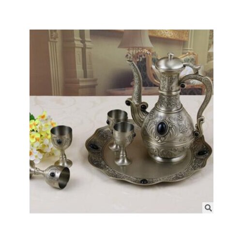 European 1pot 4cups and 1tray bronze metal decorative wine set oak barrel whiskey set brewing machine for drinking games JJ062