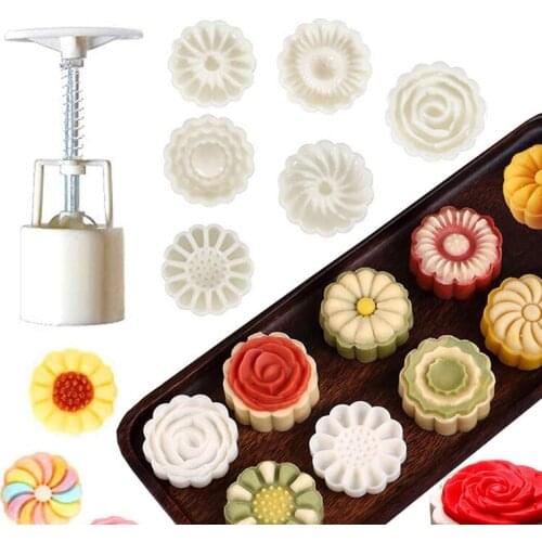 6Pcs Mooncake Mold Press 50g Flower Shaped Cake Mold Hand Pressure Fondant Moon Cake Decorating Tools Cookie Cutter Baking Tool
