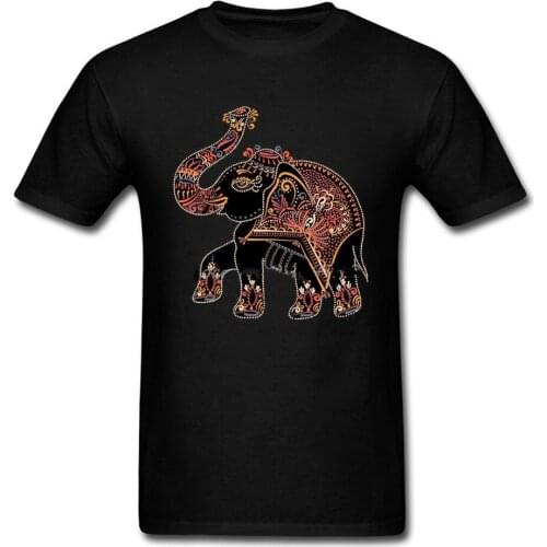 Elephant Folk Art Tshirt Men Black T-shirts Elephant Print Tops Adult Cotton Clothes Africa Style Tee Shirt Unique Birthday Gift