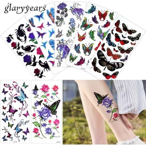 Glaryyears 1 Sheet Blooming Flower Body Tattoo Sticker Temporary Lifelike Blooming Watercolor Drawing Butterfly Chest Art Tattoo