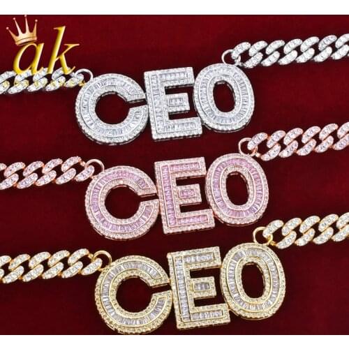 Custom Name Baguette Letters Double Button Pendants Necklaces Mens Zircon Hip Hop Rock Jewelry