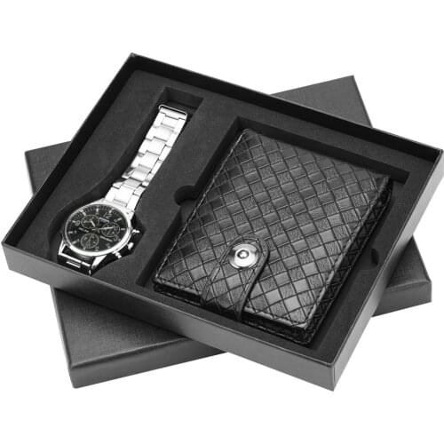 Exquisite Gift Set for Men Black Dial with Clear Scales Watches Business Quartz Analog Wristwatch Leather Wallet