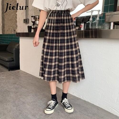 Jielur New Harajuku Summer Women Midi Skirt Black Red High Waist Plaid Pleated Female Saias Korean Elegant Girls Long Skirts S-L
