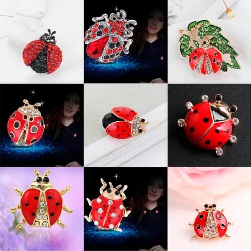JINGLANG Fashion Gold Color Animal Brooches Pins White Rhinestone Ladybug Brooches For Women Clothes Decoration Luxury Jewelry