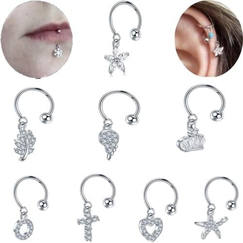 1PS Stainless Steel Helix Cartilage Conch CZ Heart Star Cross Wings Flower Ear Ring Tragus Ring Hoop fashion Piercing Jewelry