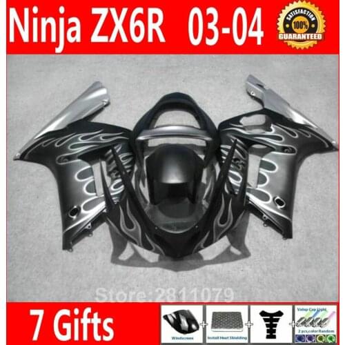 Injection molding fairing kit for Kawasaki Ninja ZX6R 03 04 silver flames black motorcycle fairings set ZX6R 2003 2004 RY63