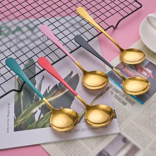 Stainless Steel Spoon Long Handle Golden Tea Coffee Mixing Spoon Round Head Dessert Ice Cream Soup Spoon Kitchen Tableware