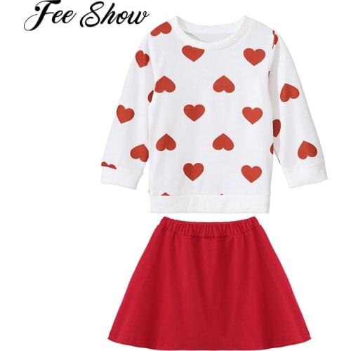Valentines Day Lovely Infant Kids Girls Clothes Sets 2pcs LOVE Heart Print Long Sleeve Pullover Sweatshirt Tops + A-Line Skirts
