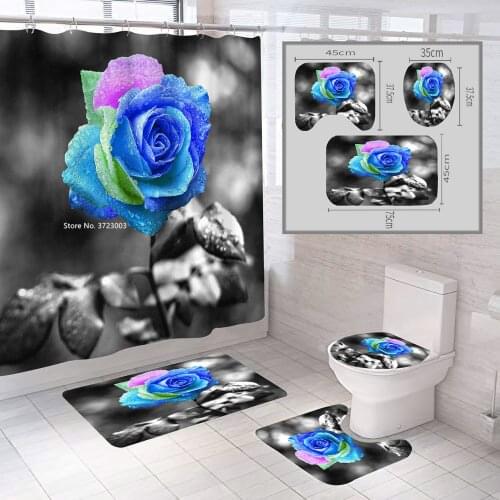 Fashion Color Rose Non-perforated Shower Curtain 4-piece Home Bathroom Waterproof Shower Curtain Non-slip Floor Mat